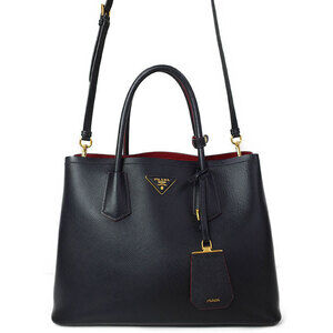 Prada Double Tote Bag black Saffiano leather top handles red interior